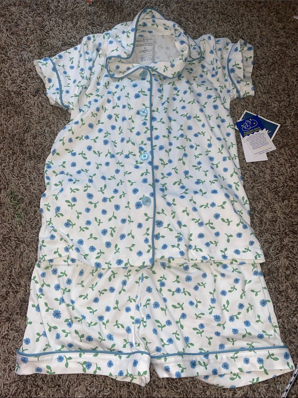 Jessica Simpson White Floral Short Pajama Set with Blue and Green Accents